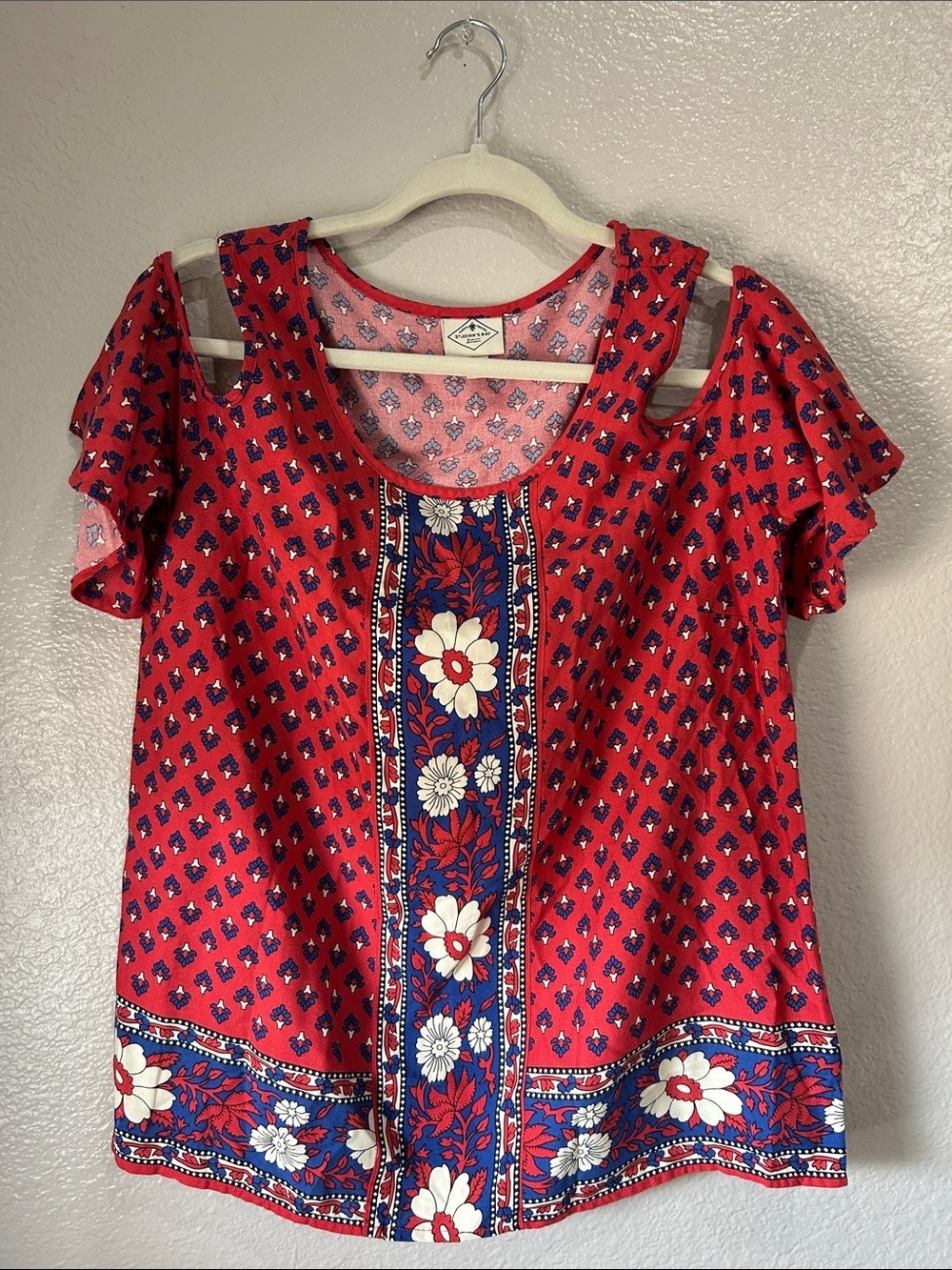 St. Johns Bay Cold Shoulder floral Blouse Womens Sz PS Top red blue tan TC0169